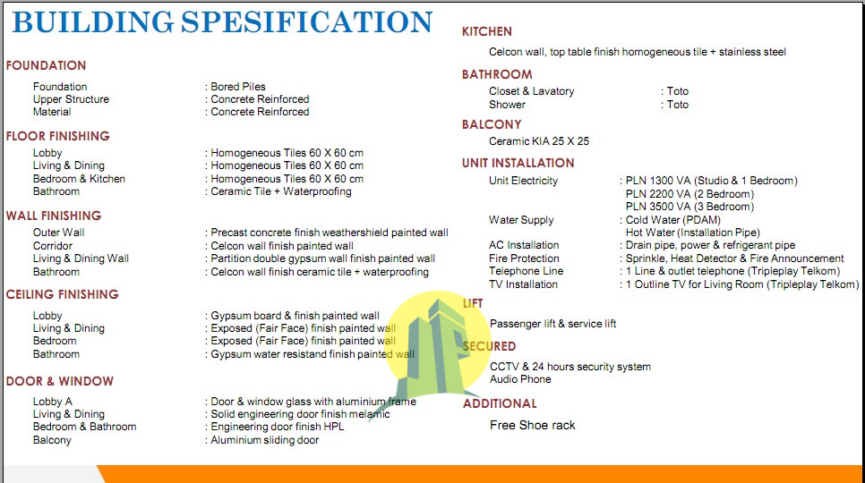 Spesifikasi Resort Apartment @ CBD  Jakarta Barat